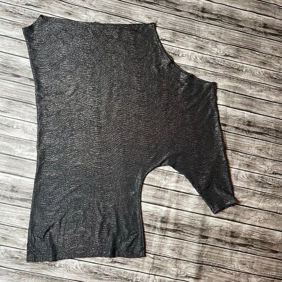 Loila Asymmetrical Sexy Glittery Blouse Top Shirt Gunmetal Gray S SM Small Light - Picture 5 of 11